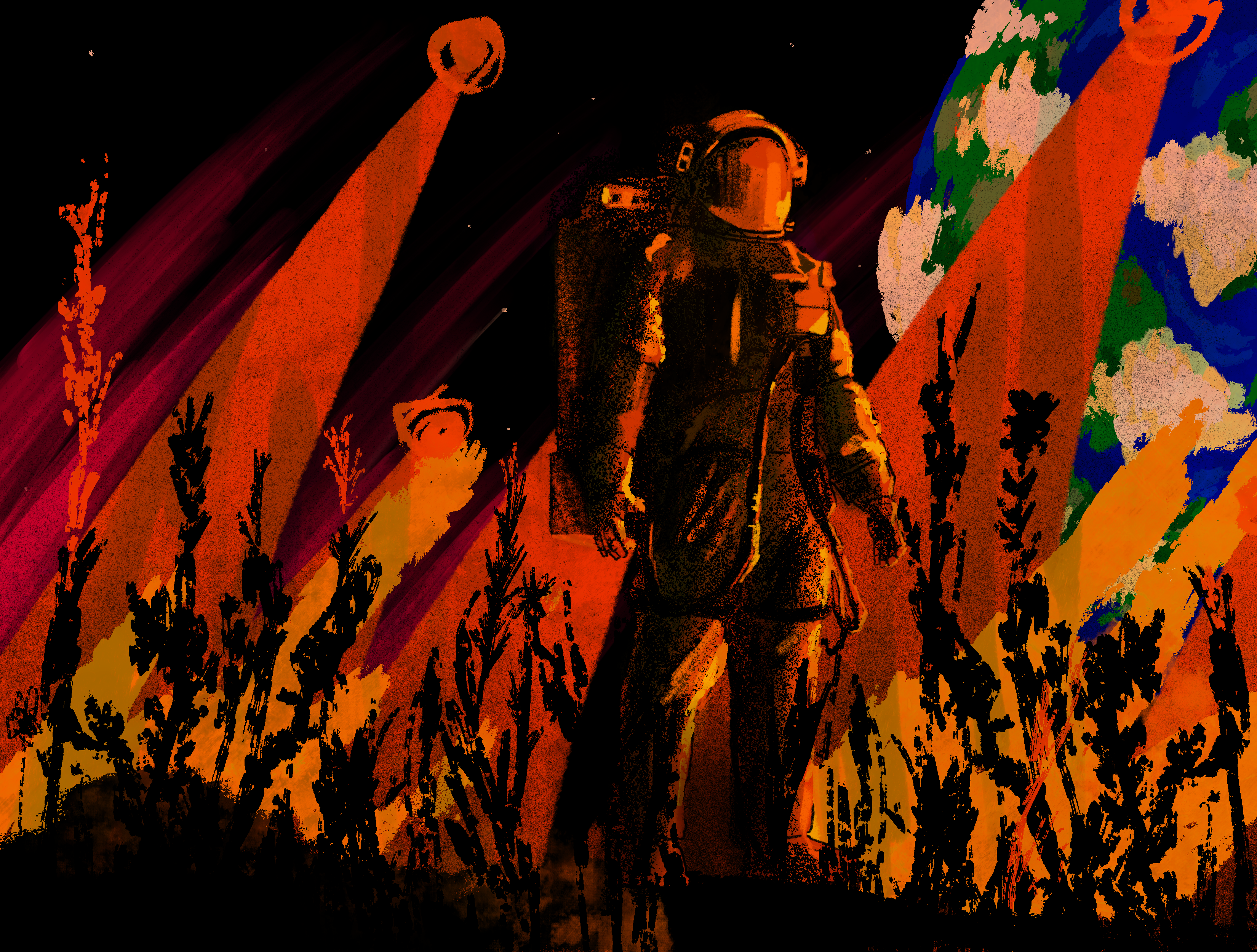 A painting of an astronaut, standing in a field and haloed by red, black, and gold lights. The earth hovers suspended in the top right.